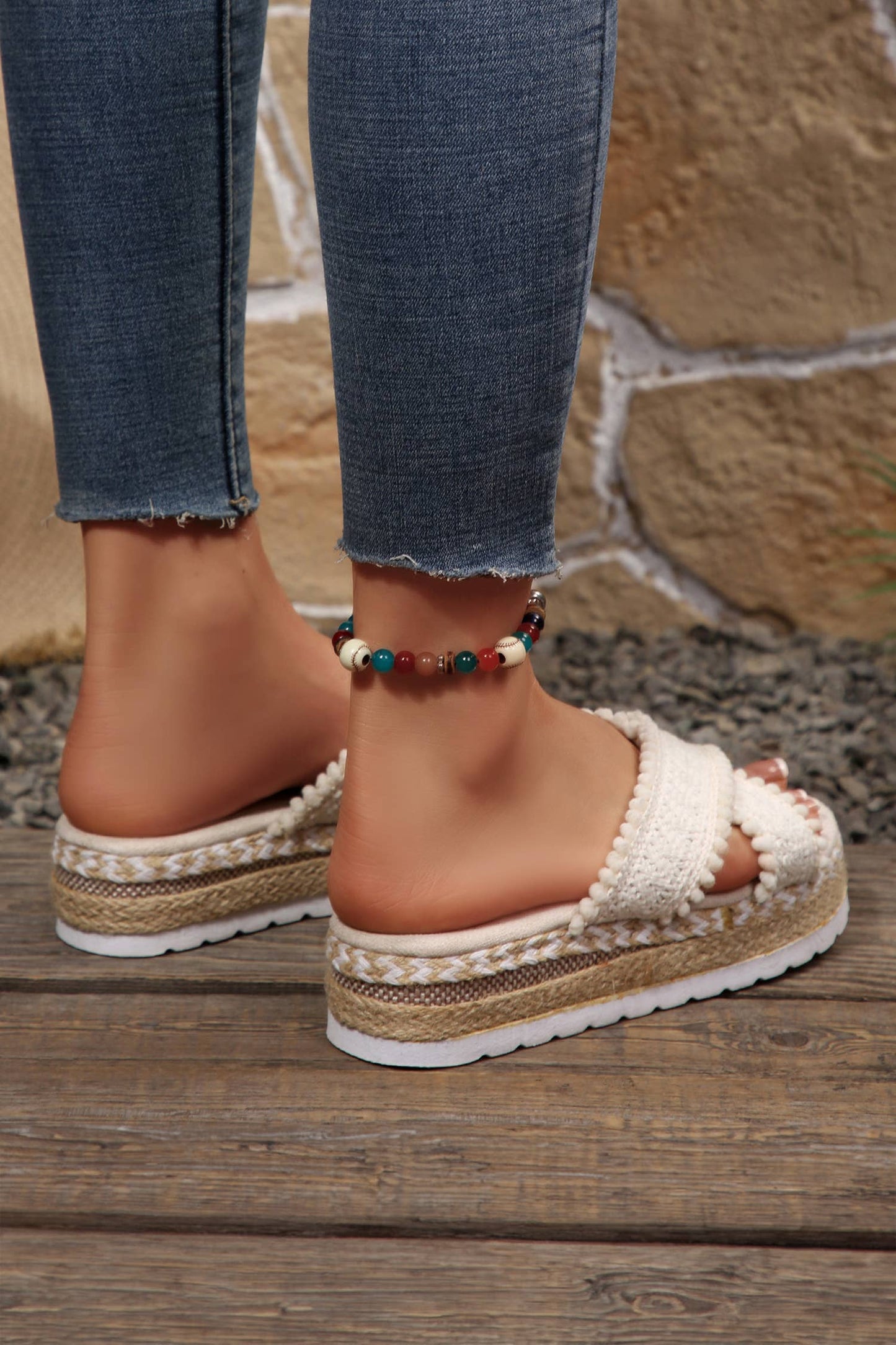 Pompom Knit Platform Slide Slippers | 6-10