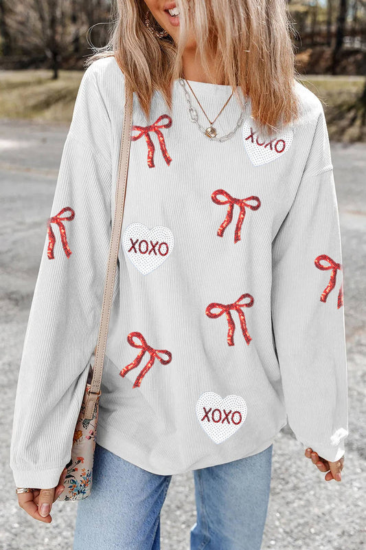 Valentines Bow XOXO Sequin Patch Corded Sweatshirt | S-3XL