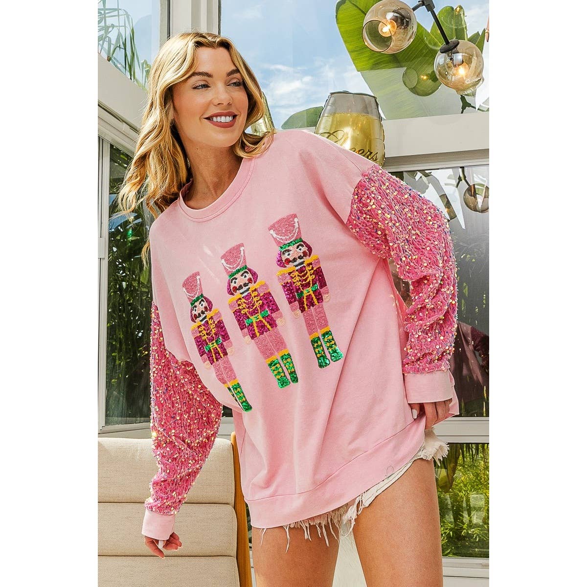 SEQUIN NUTCRACKERS VELVET SEQUIN WASHED PULLOVER