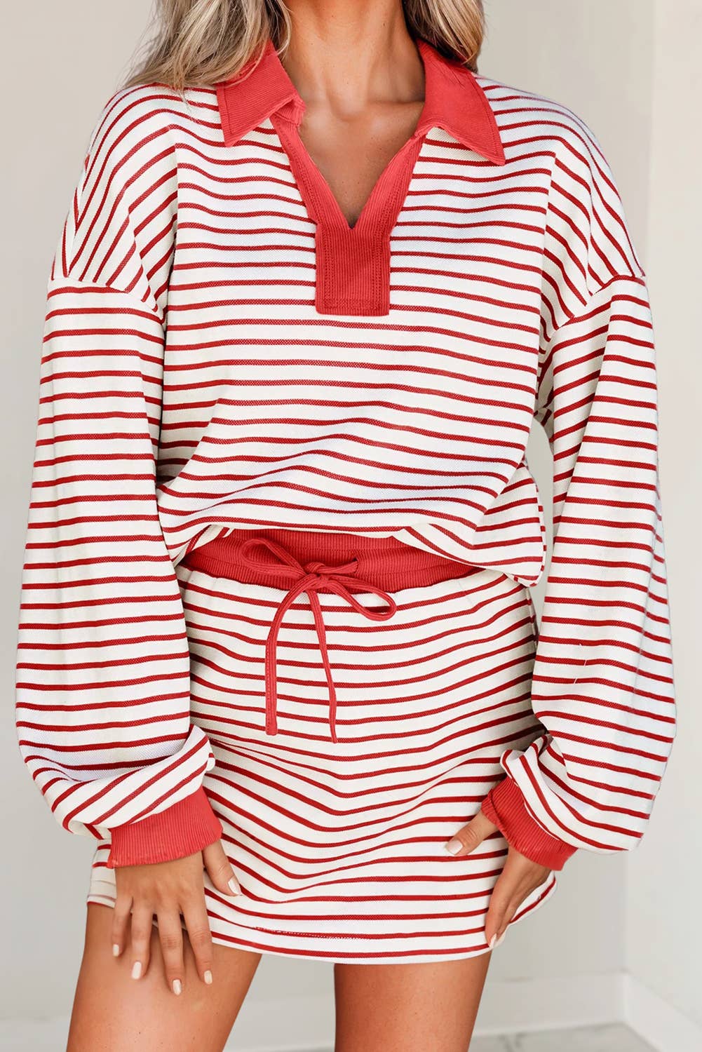 Stripe Collared Pullover & Skort 2pcs Outfit | S-XL