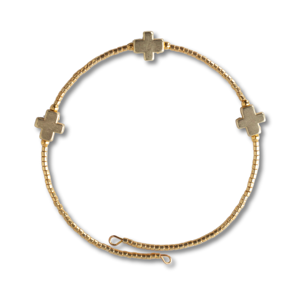 Faithful Beaded Cross Bangle w/ Matte Gold Crosses-Gold