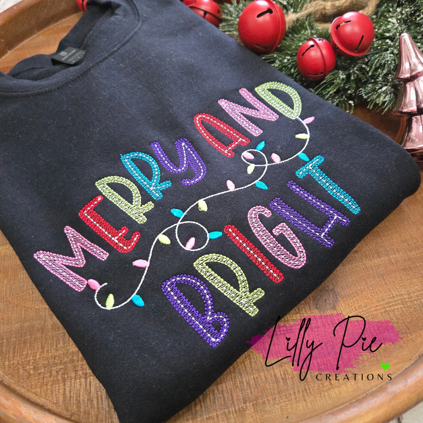 Merry & Bright with Lights Embroidered Christmas Sweatshirt