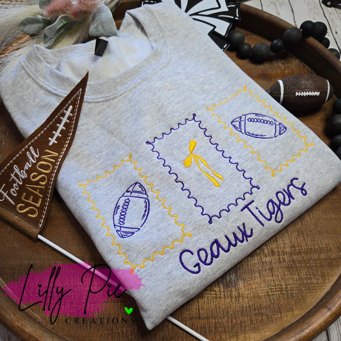 Purple and Gold Embroidered Football Stamp Sweatshirt