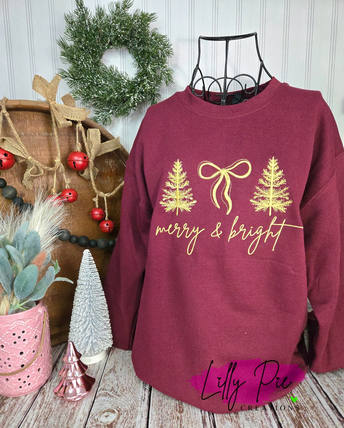 Merry & Bright Embroidered Christmas Sweatshirt with Christmas Trees & Bows