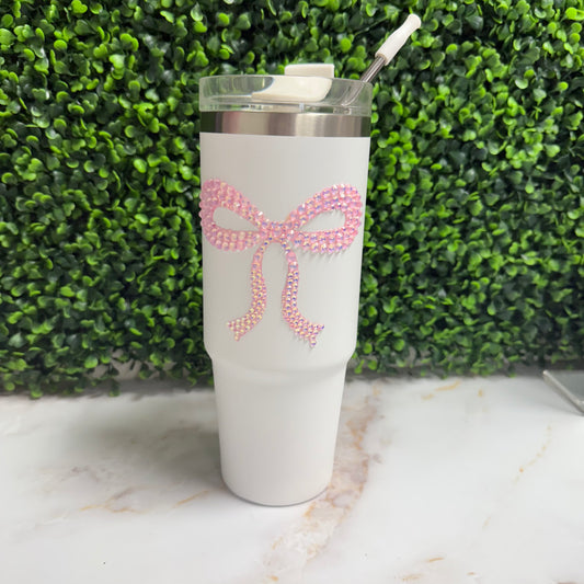 White tumbler with pink rhinestone bow