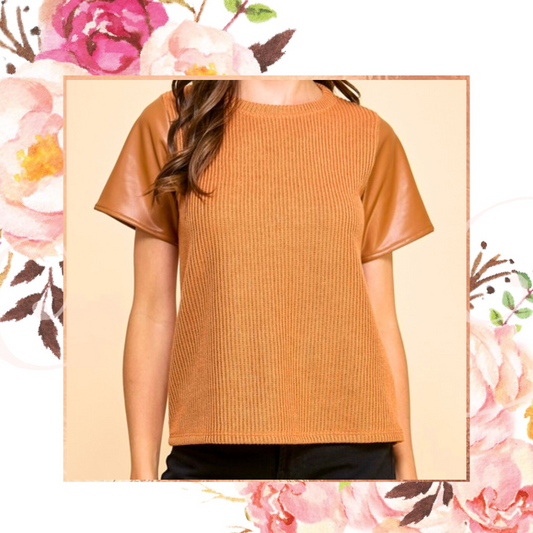 Ribbed Knit Faux Leather SS Top