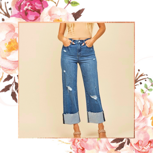 Straight Leg Cuffed Dark Jeans