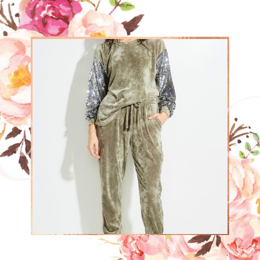 Sage Sequin Sleeve Velvet Cozy Sweat Set
