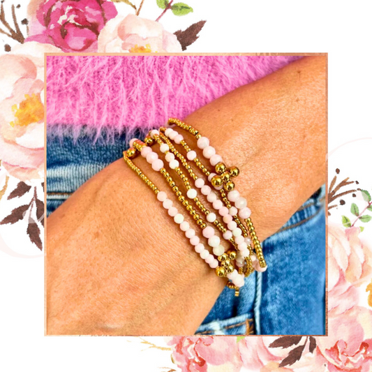 3mm Pink Opal and 2.5mm Gold Bead Cross Bracelet