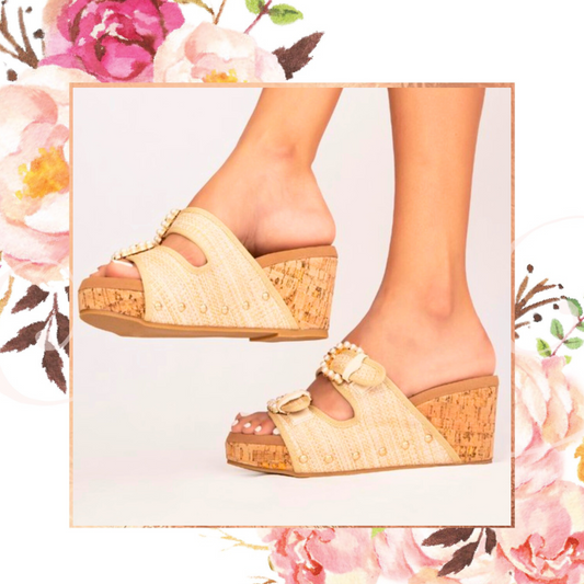 Raffia Buckled Cork Wedge
