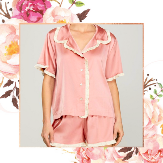 Rose Ruffled Satin Short PJ Set