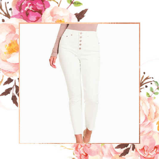 White Button Fly Raw Hem Skinny Jeans