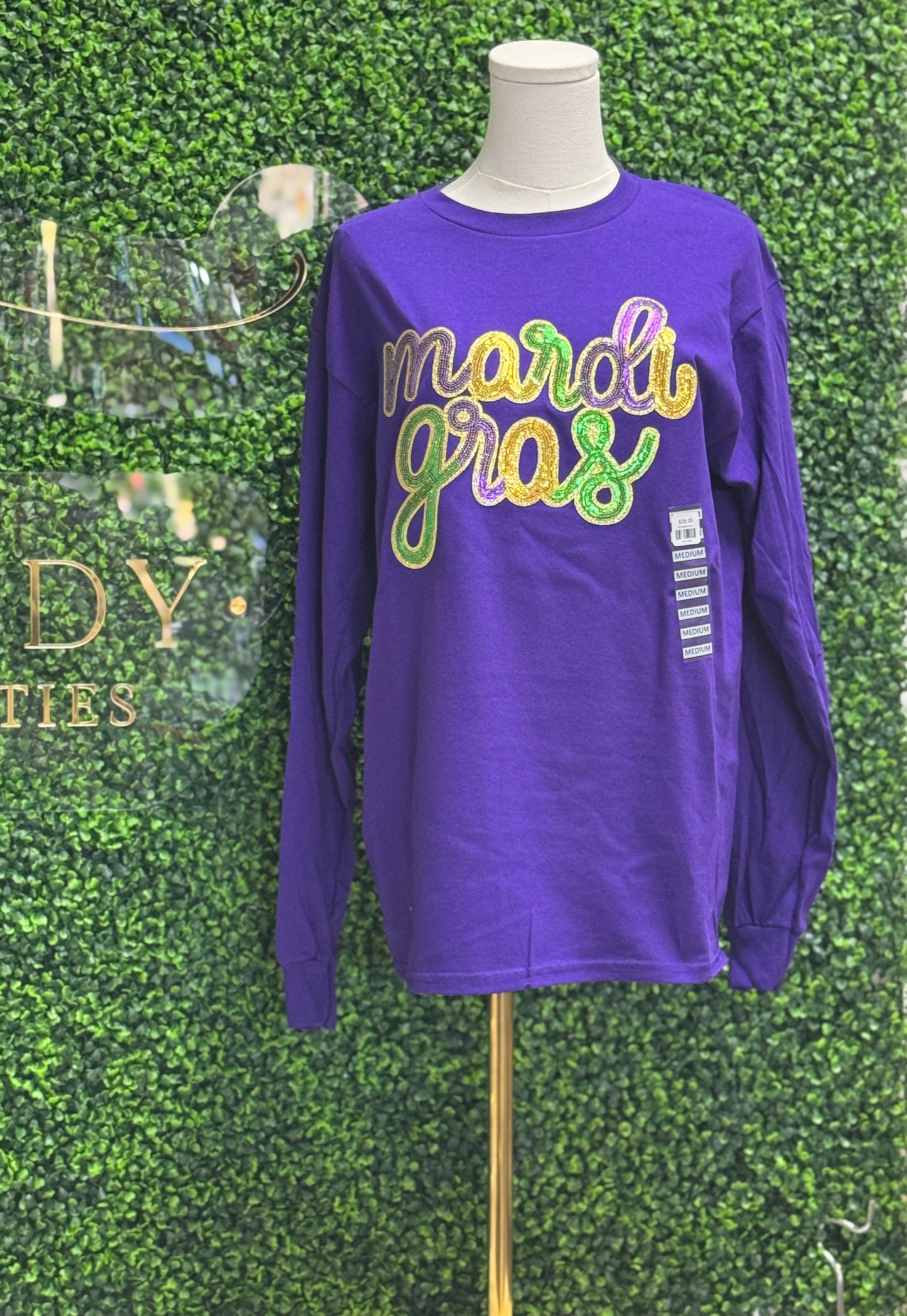 Big Mardi Gras Sequin Chenille Patch Purple Long Sleeve T-Shirt