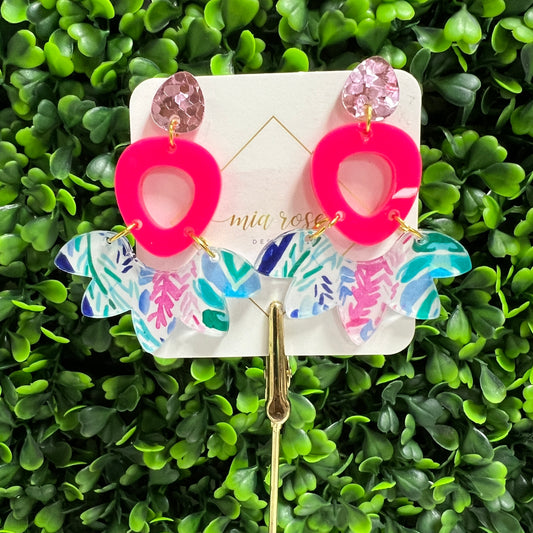 Tropical Acrylic Drop Earrings on Pink stone Connector
