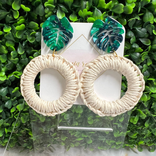 Woven Hoop Earrings with Acrylic Monstera Connector