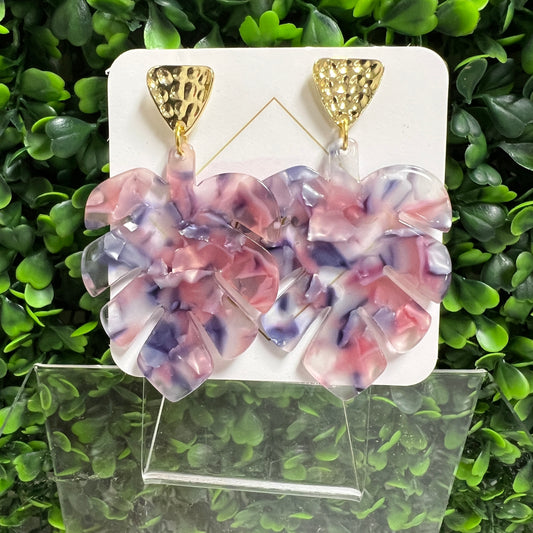 Acrylic Monstera Drop Earrings on Brass Stud