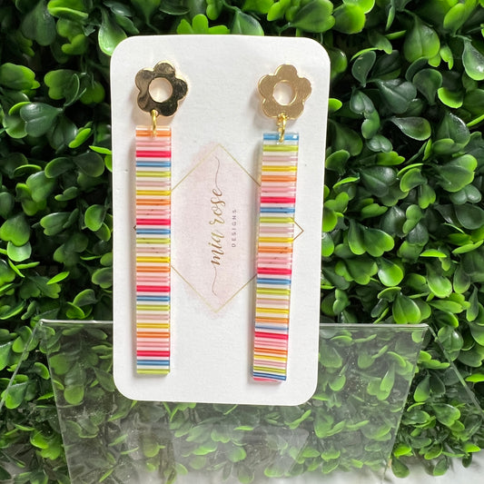 Acrylic Stripe Drop Earrings on Brass Flower Stud