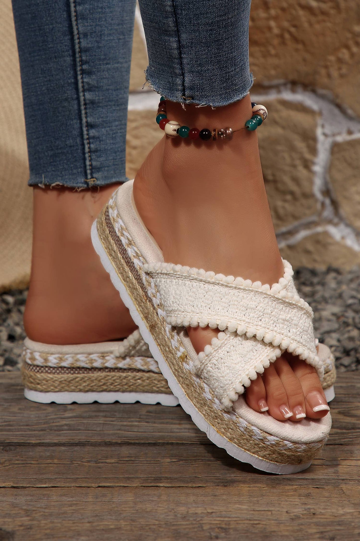 Pompom Knit Platform Slide Slippers | 6-10