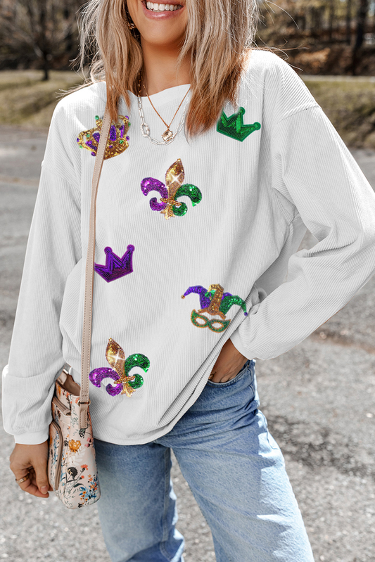 Sequin Mardi Gras Graphic Corduroy Sweatshirt | S-2XL