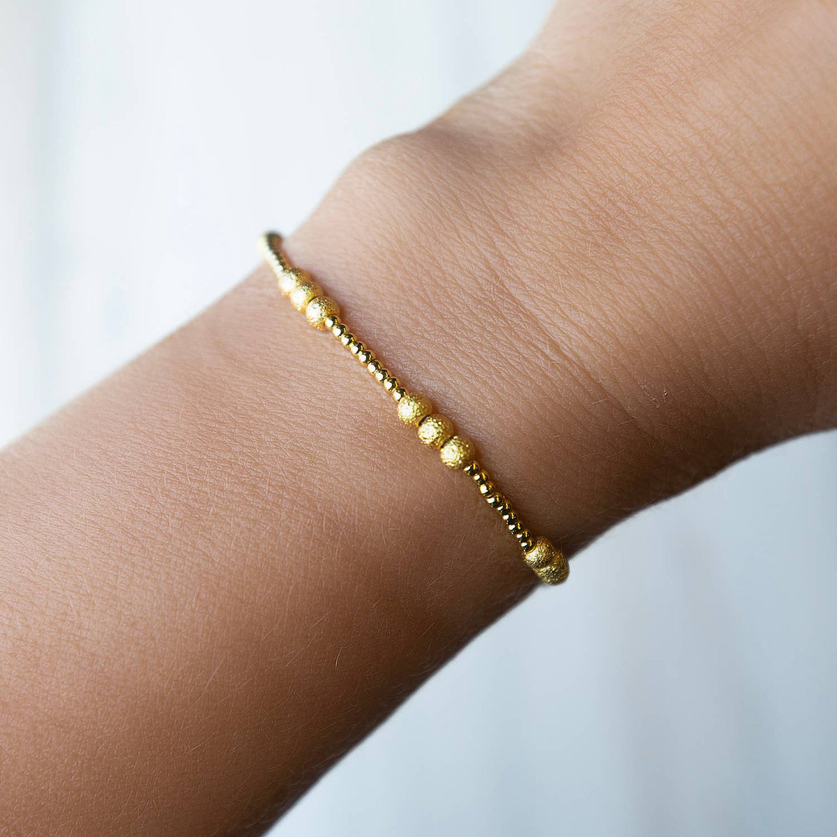 Trio Tarnish Resistant Gold Beaded Stretch Bracelet,Textured