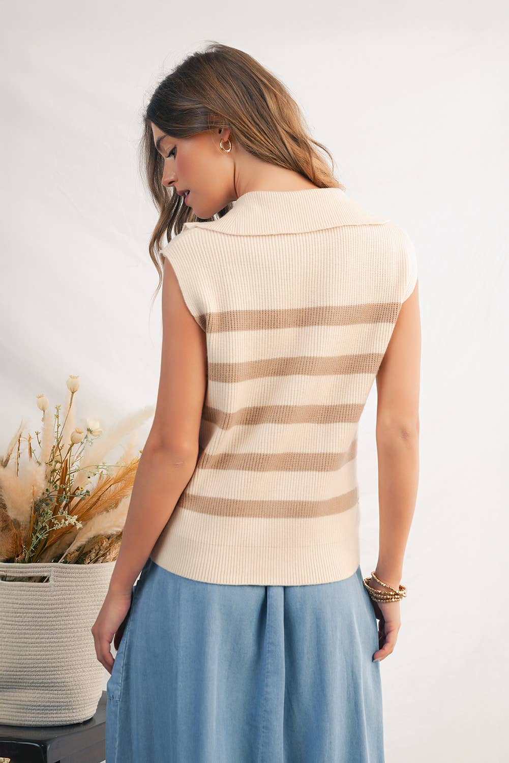 Striped Ribbed Zip Collared Sweater Vest | S-XL