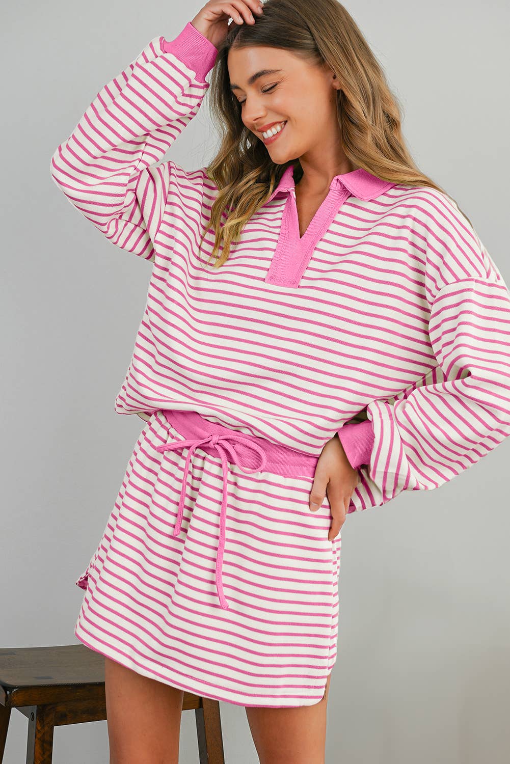 Stripe Collared Pullover & Skort 2pcs Outfit | S-XL