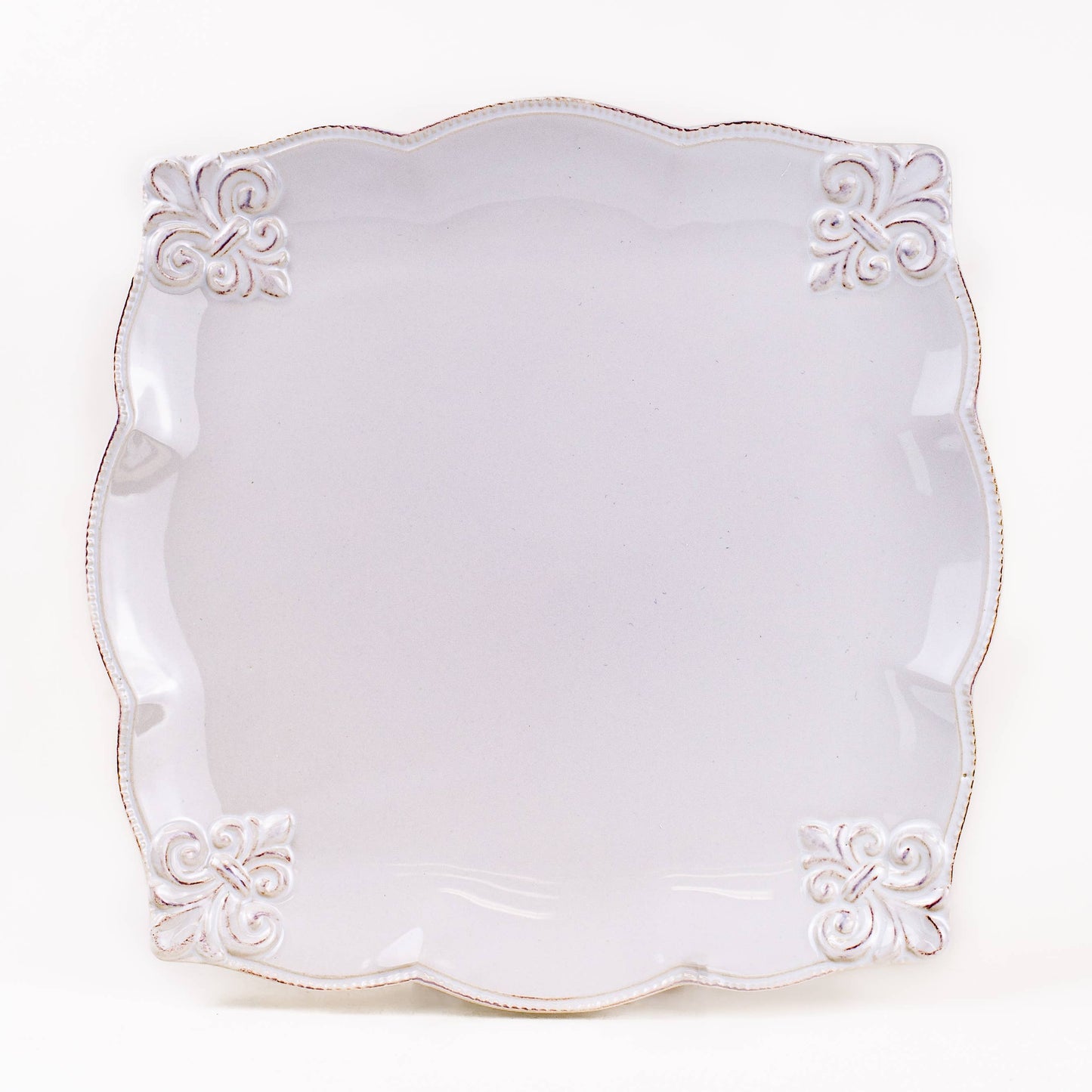 Embossed Fleur de Lis Square Platter   Antique White   10x10.25
