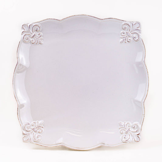 Embossed Fleur de Lis Square Platter   Antique White   10x10.25
