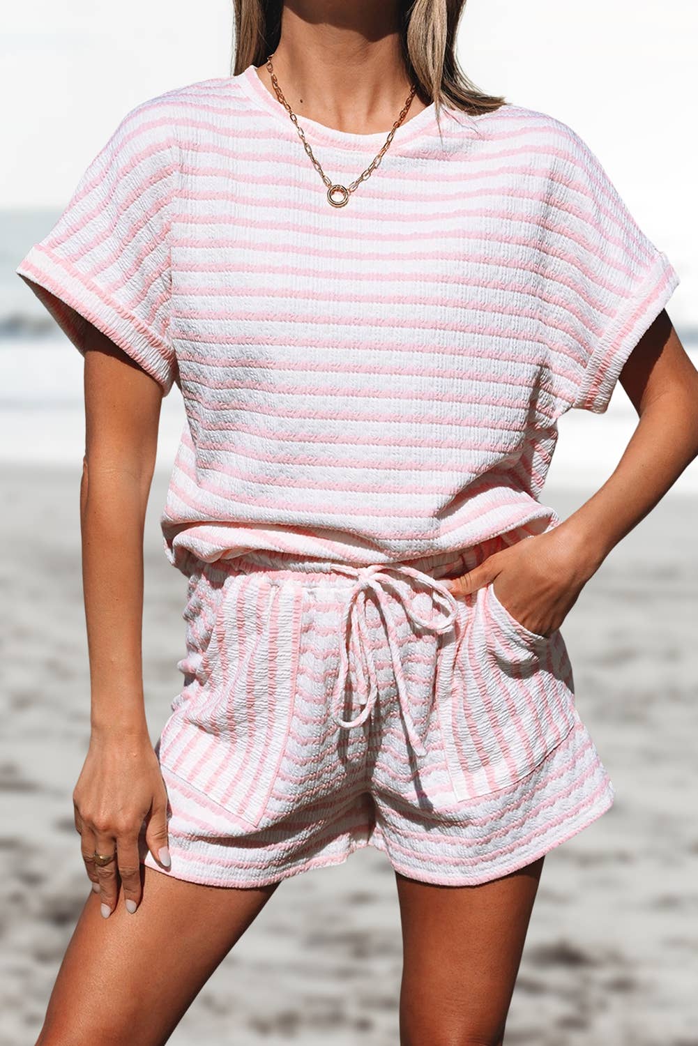 Stripe Knitted Top and Drawstring Shorts Set | S-XL