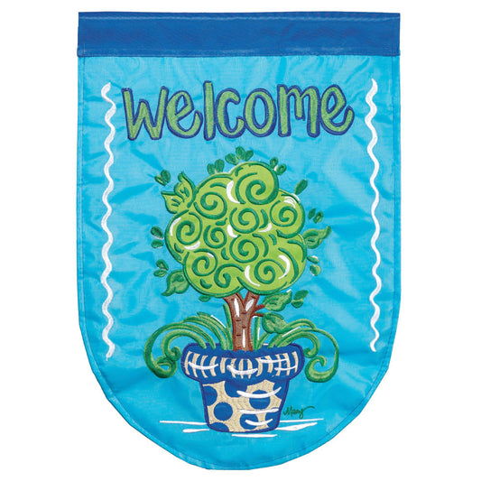 WELCOME TOPIARY SHAPED DOUBLE APPLIQUE GARDEN FLAG