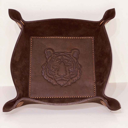 Tiger Leather Embossed Valet Tray   Dark Brown   8x8