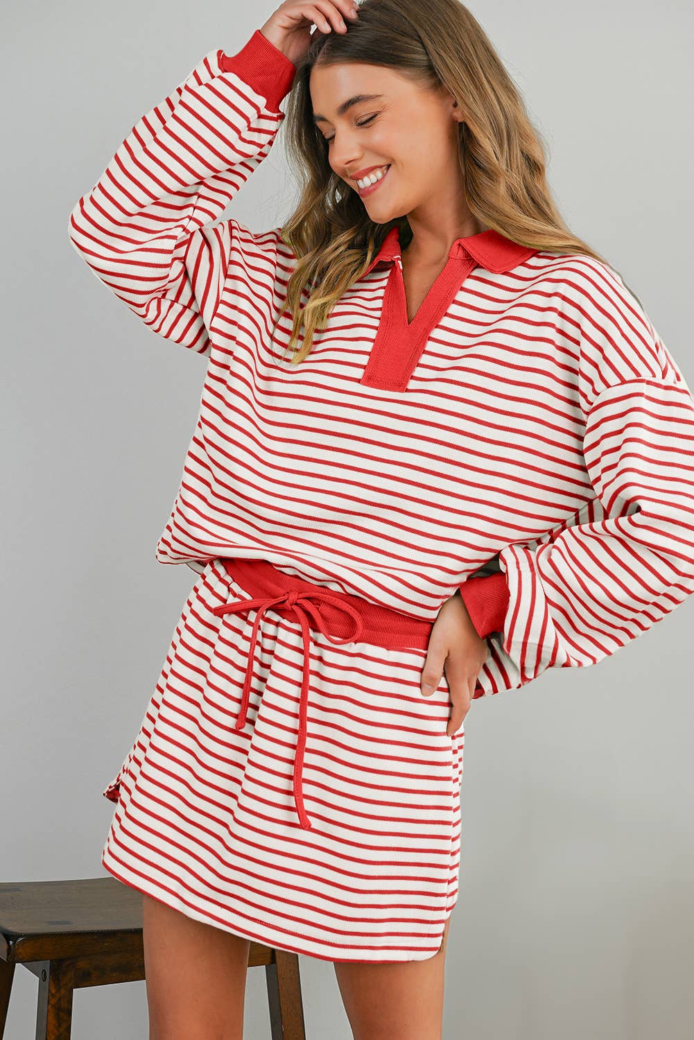 Stripe Collared Pullover & Skort 2pcs Outfit | S-XL