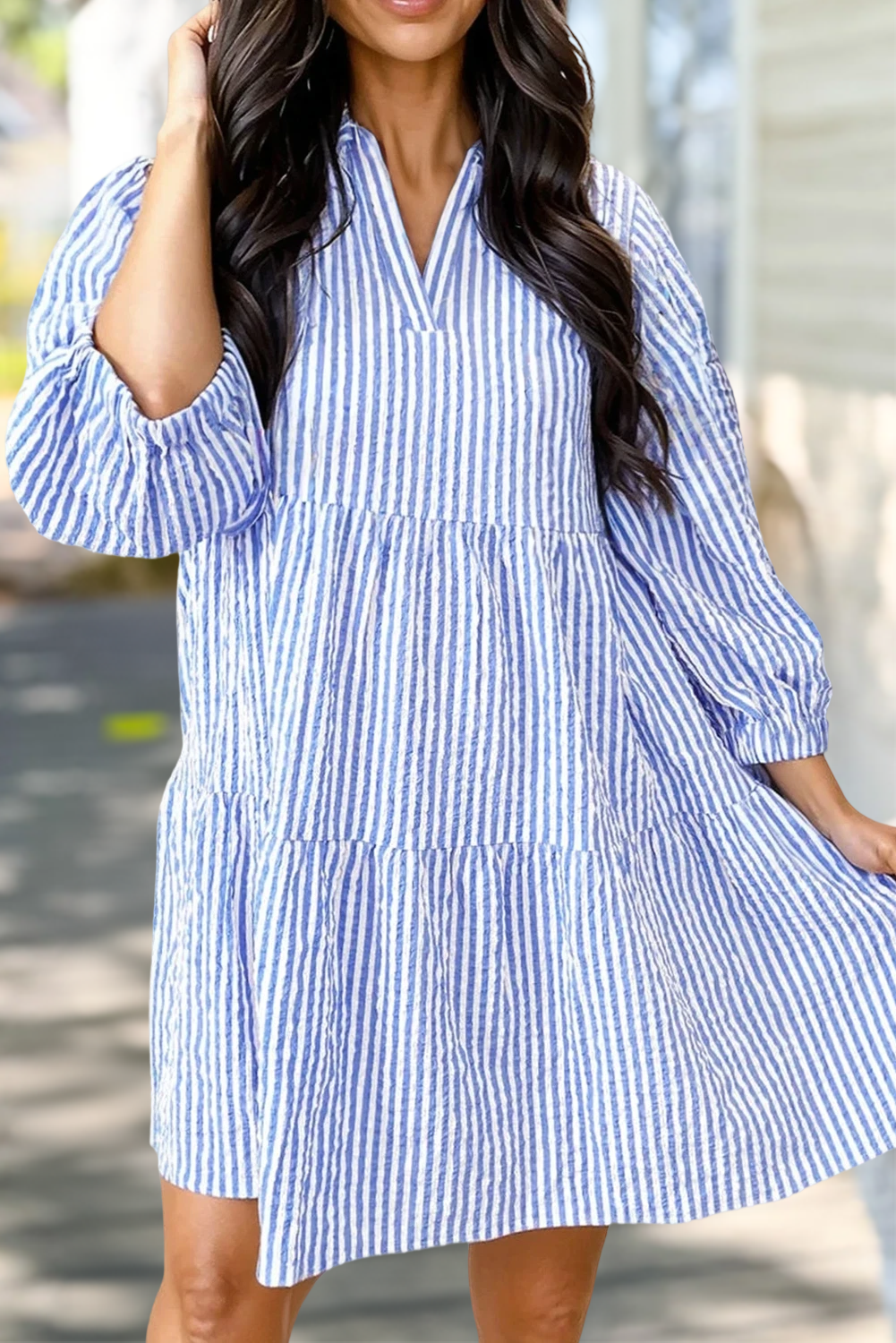 Stripe V Neck Tiered Mini Dress | Plus Size 1X-4X