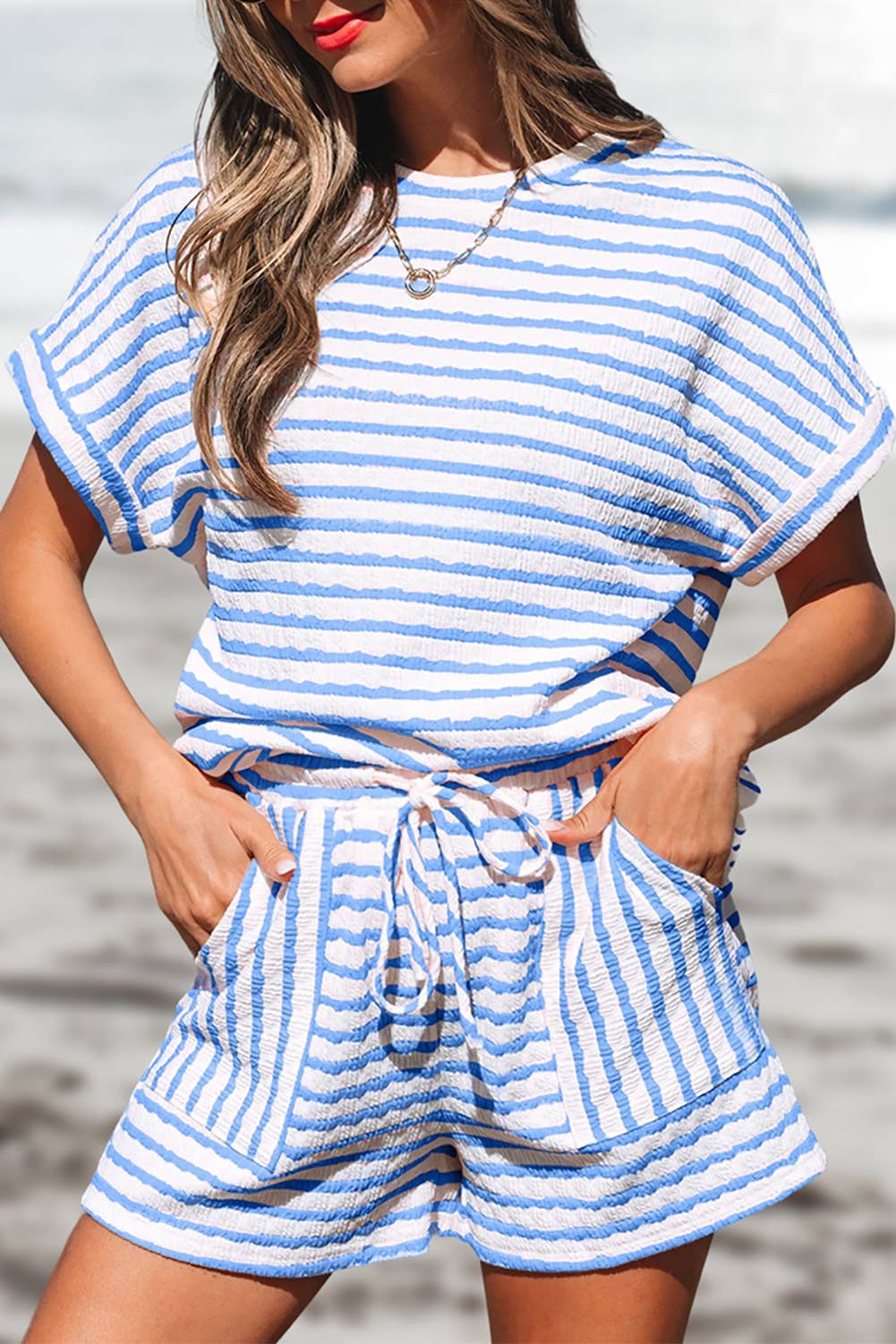 Stripe Knitted Top and Drawstring Shorts Set | S-XL