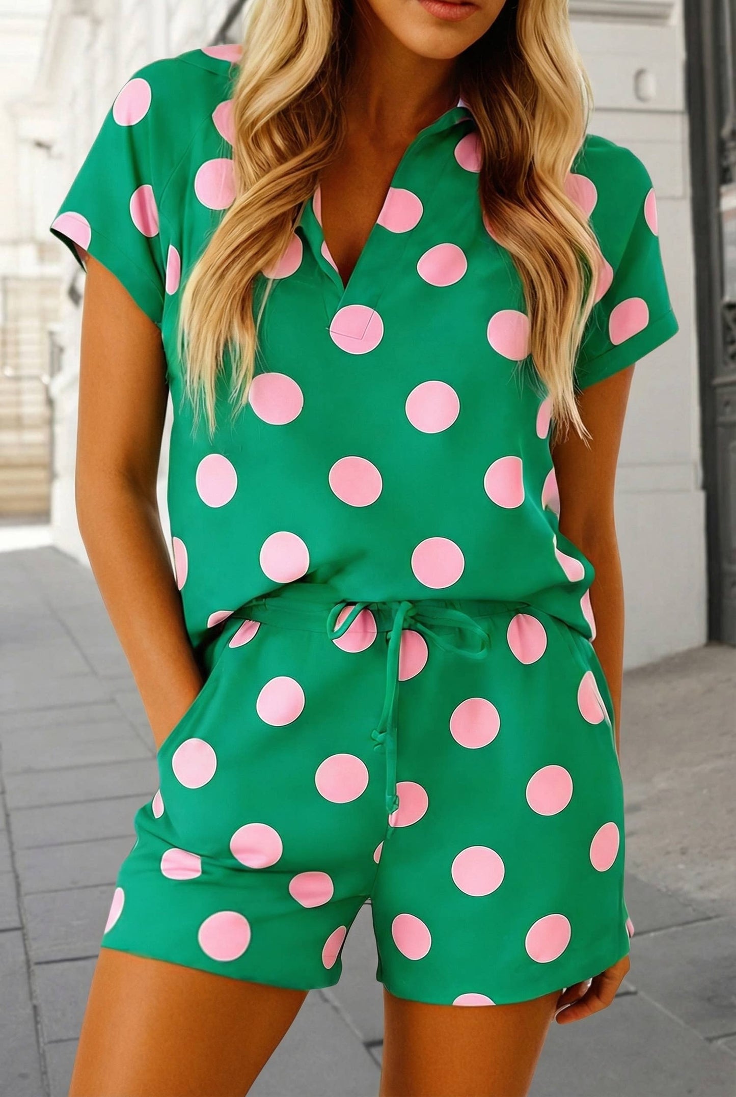 Polka Dot V Neck 2pcs Shorts Set SS26 | S-XL Plus 1X-4X