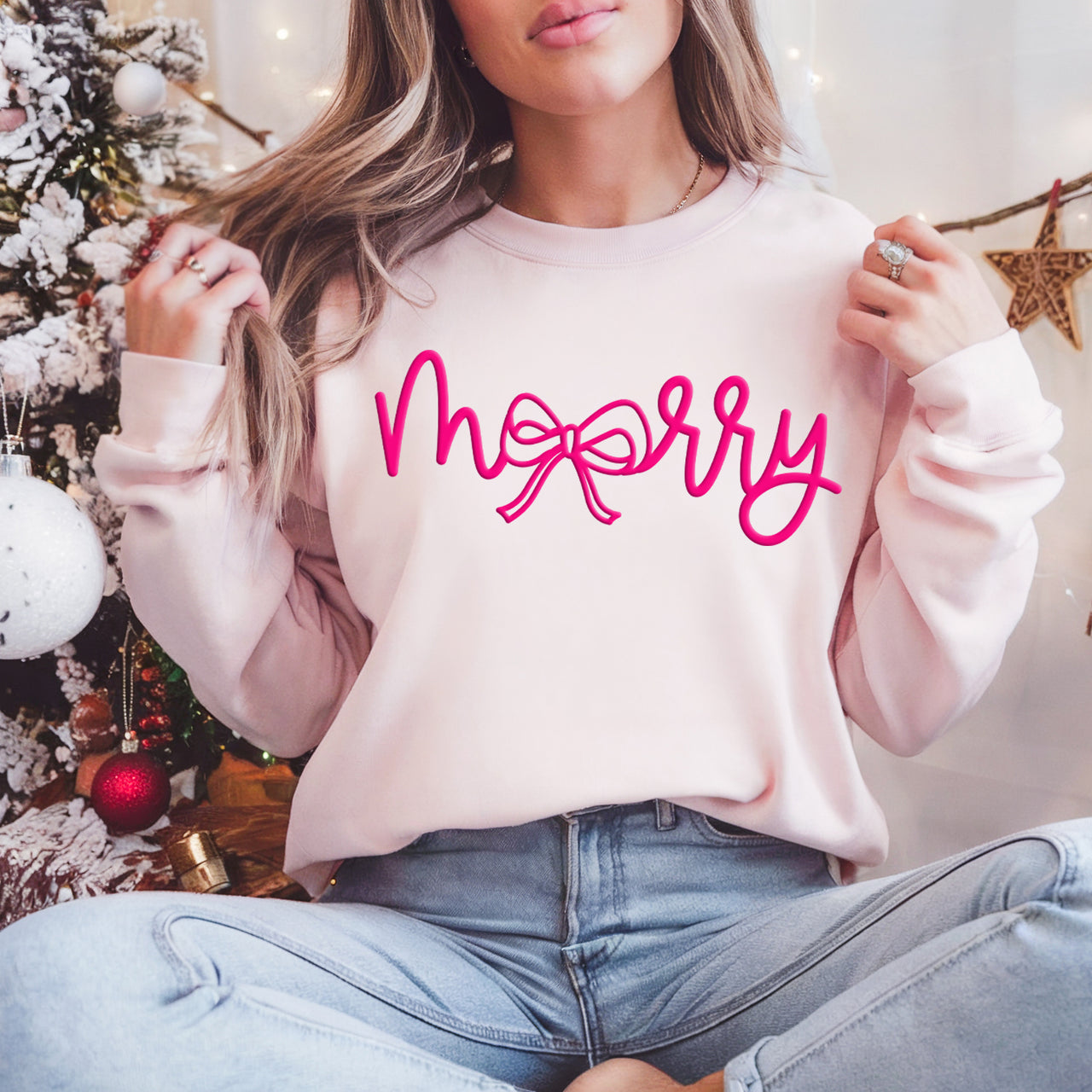 Merry Bow Pink PUFF Screen Print Heat Transfer
