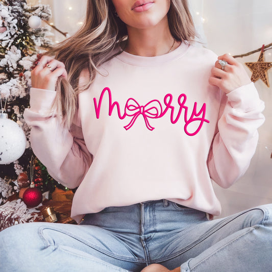 Merry Bow Pink PUFF Screen Print Heat Transfer