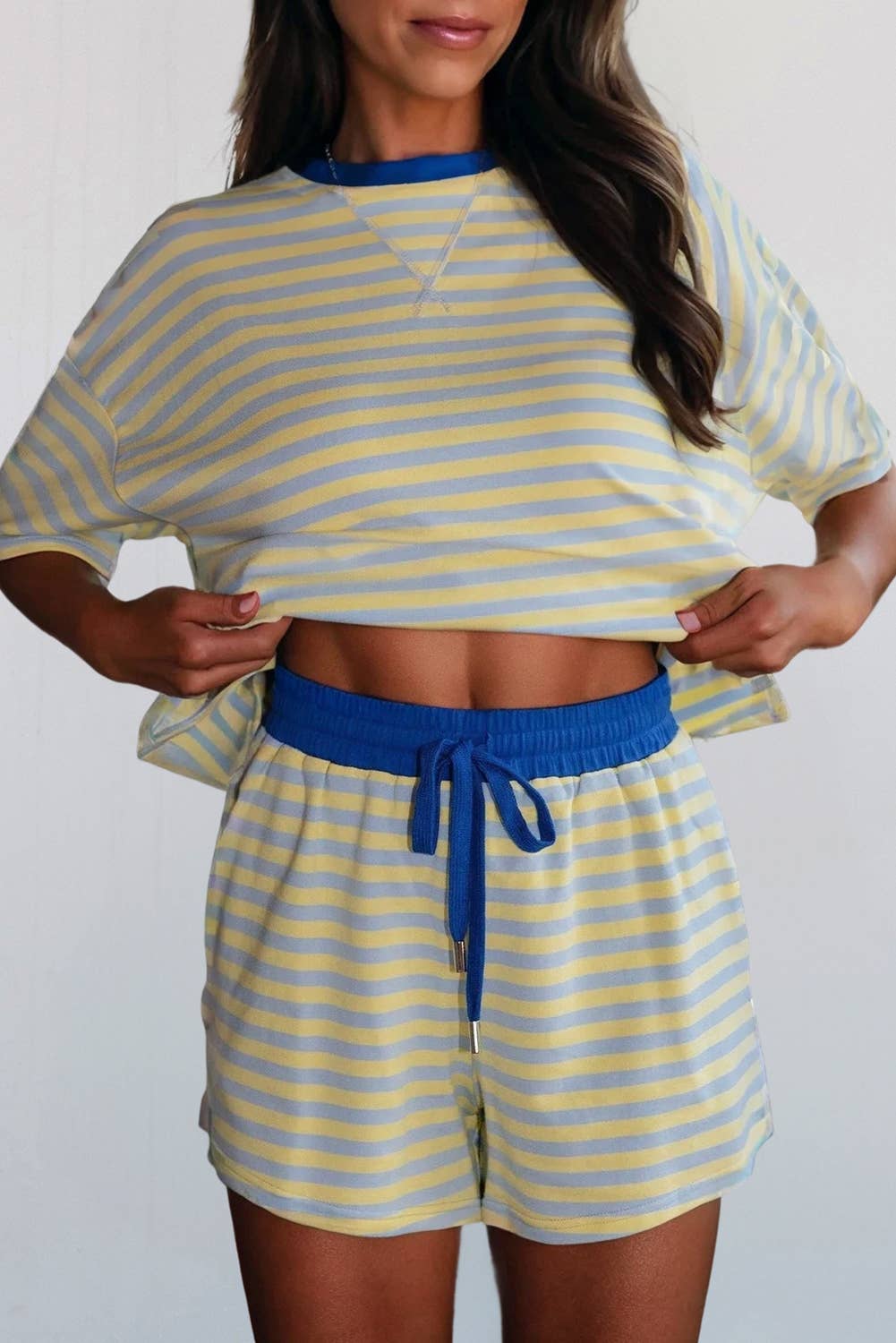 Stripe Contrast Trim Boxy Terry 2pcs Short Set | S-XL