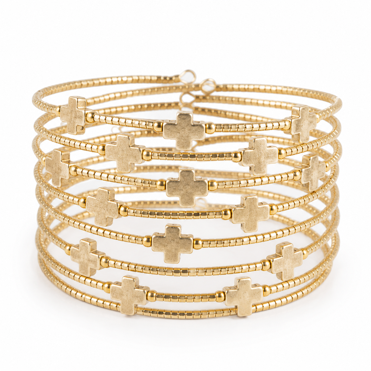 Faithful Beaded Cross Bangle w/ Matte Gold Crosses-Gold