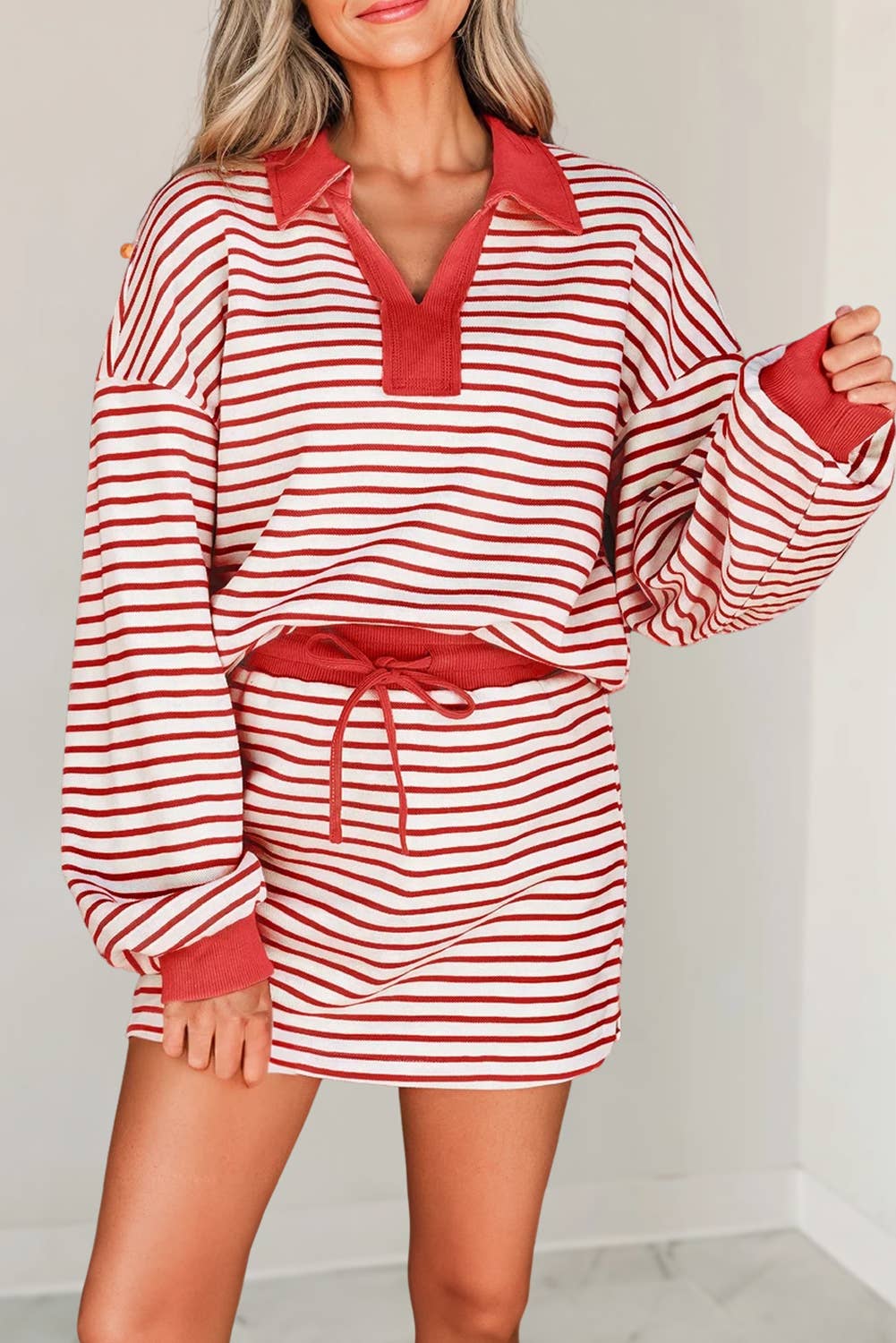 Stripe Collared Pullover & Skort 2pcs Outfit | S-XL