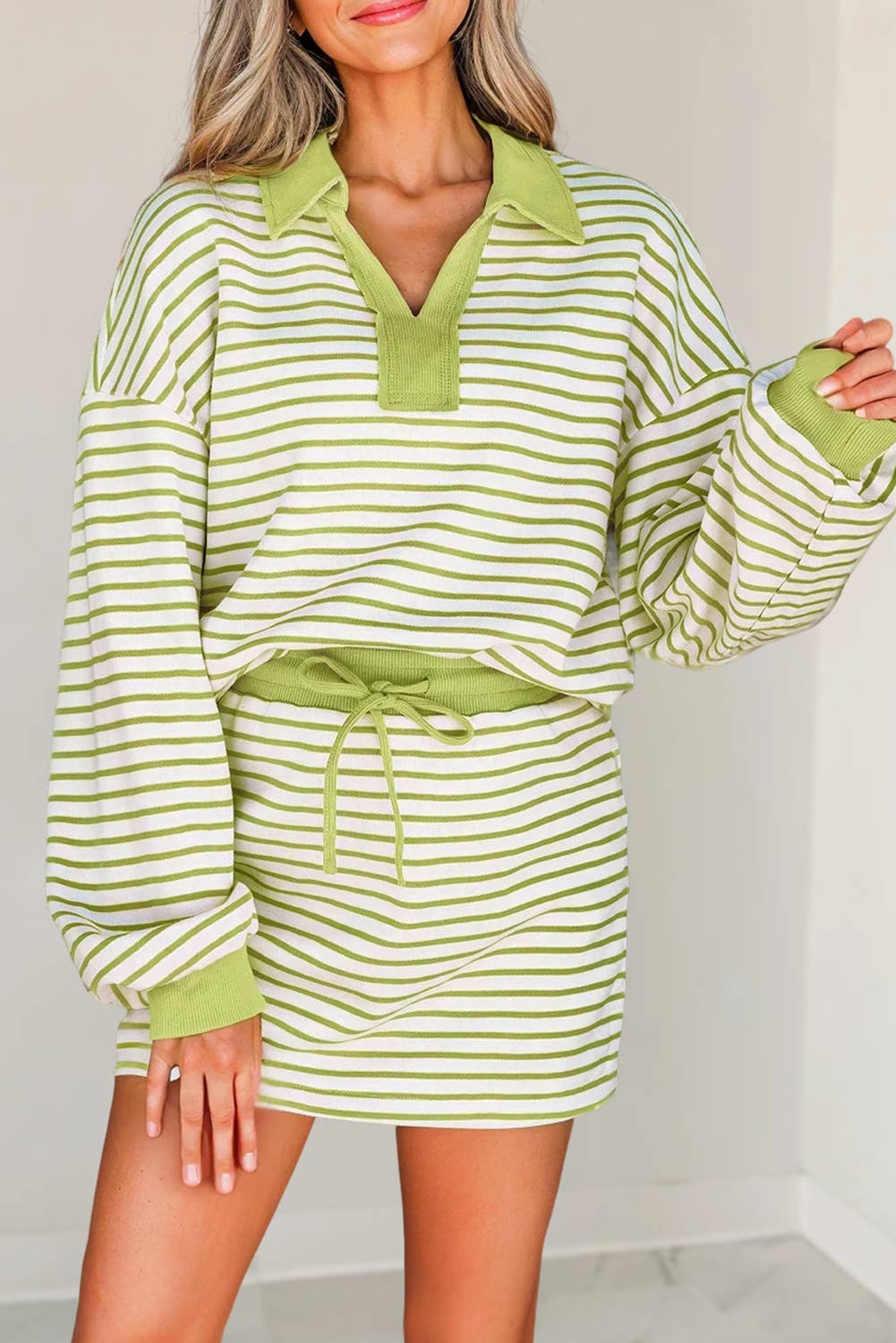 Stripe Collared Pullover & Skort 2pcs Outfit | S-XL