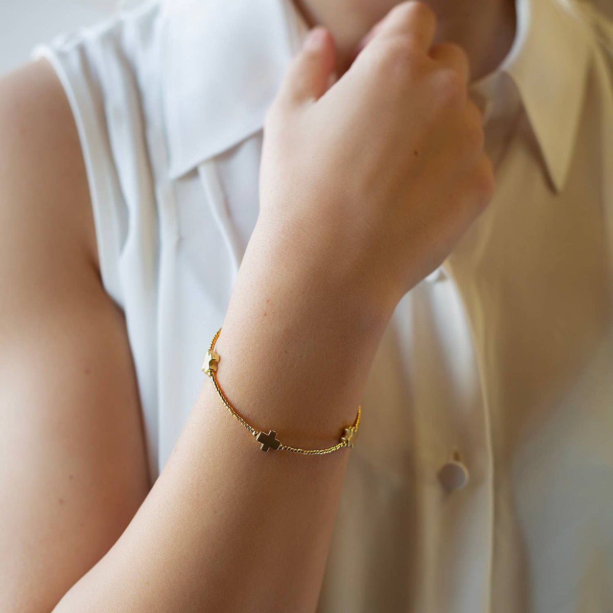 Faithful Beaded Cross Bangle w/ Matte Gold Crosses-Gold