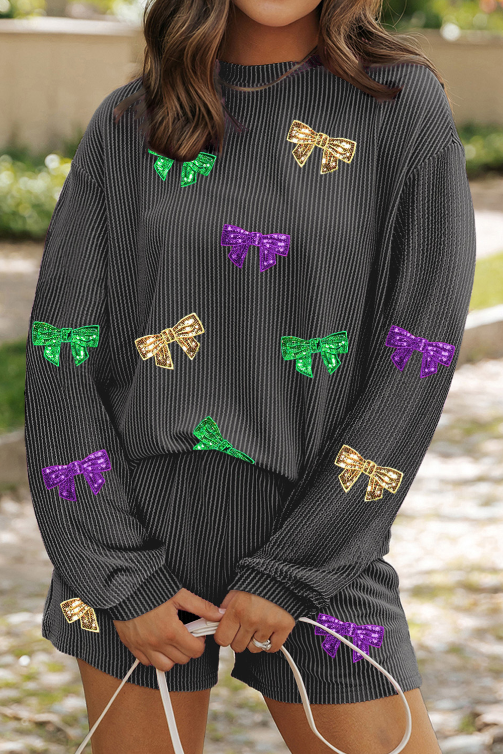 Sequin Bow Mardi Gras Graphic Corded Pajamas Set  | S-2XL