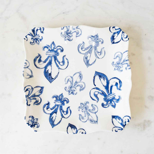 Watercolor Fleur De Lis Serving Platter     White/Blue/Light Blue   11.5x11.5x1