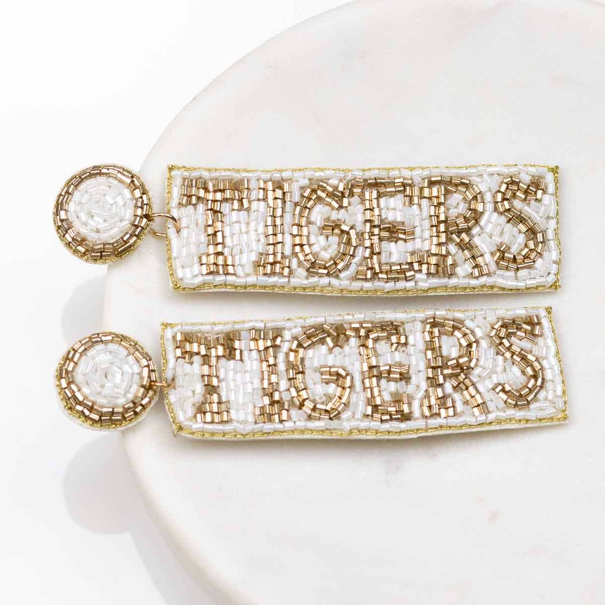 Tigers Beaded Earrings   White/Gold   3"