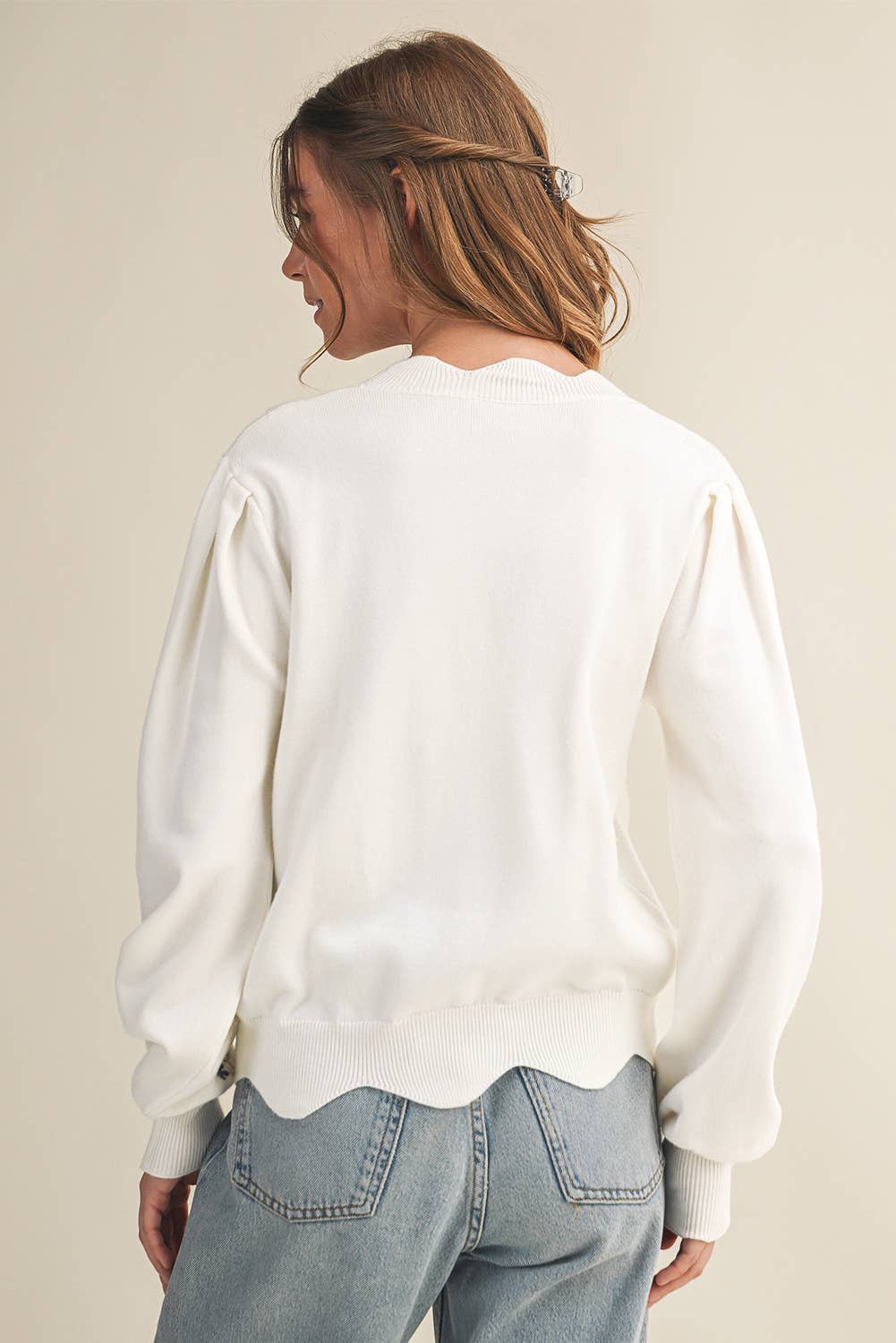 Floral Embroidered Scallop Hem Sweater | S-XL